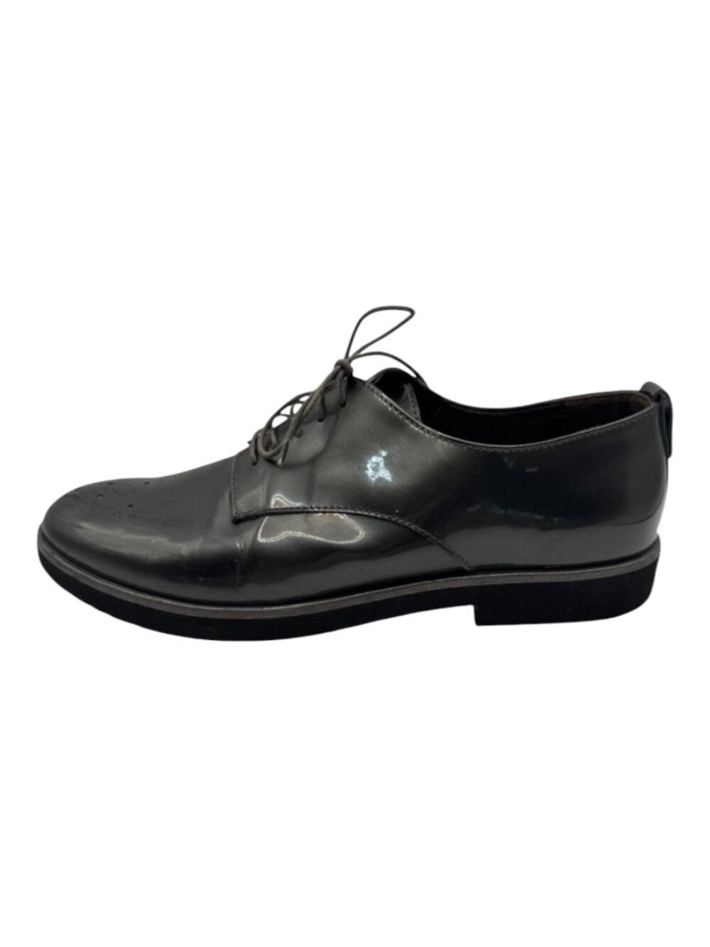 AGL Shoes Women 9 Gray Pewter Gunmetal Parker Patent Leather Oxford Preppy‎